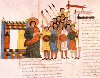 Partida do exército do rei David para a guerra, da Bíblia visigótico-moçárabe de São Isidoro, fol. 131v., 960 d.C.