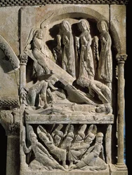 Deposição de Cristo. Escultura feita pelo mestre de São Domingos de Silos (século XII). Relevo sobre pedra.