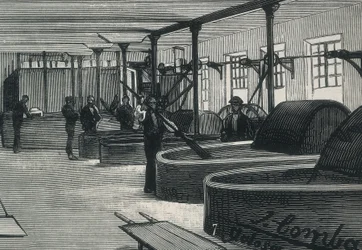 Economia (século XIX). Fábrica de Papel em Espanha "" La Guipuzcoana "". Sala cilíndrica e lavadora da fábrica localizada em Tolosa (Guipuzcoa). gravura