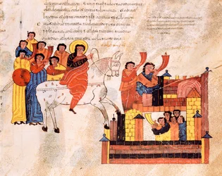 Entrada do rei Davi em Jerusalém ao som de trombetas, da Bíblia visigodo-moçárabe de Santo Isidor, fol.135r., AD 960