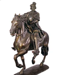 Retrato equestre de Hernan Cortes (ou Cortez) (1485-1547), conquistador espanhol. Escultura anónima em bronze do século XVI. Museu de Armee, Madrid.