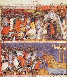 Fol.108r Os Troianos Invadiram o Acampamento Grego e Incendiaram os Navios Gregos, do Codex Benito de Santa Mora