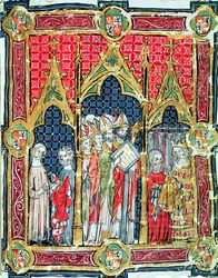 Fól. 13r: Coroação dos reis de Aragão e Castela: Afonso VII (1105-57) oferecendo pão de ouro na presença do arcebispo de Toledo, do Libro de los Testamentos