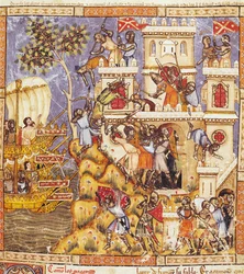 Fol.30r O desembarque dos gregos, o cerco do Castelo de Tenedos e a morte dos defensores, do Codex Benito Santa Mora