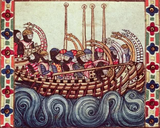 Fol.53r Partida de um barco para as Cruzadas, escrito em Galiza para Alfonso X (1221-84)