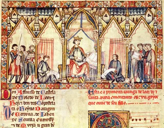 Fol.5r A corte de Alfonso X (1221-84), o Sábio, rei de Castela e Leão, em miniatura das Cantigas de Santa Maria