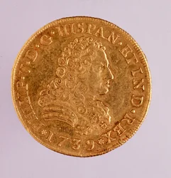 Moeda de ouro (8 ecu) de Espanha: reinado de Filipe (Filippo ou Philippe) V (1700-1746). 1739 Diam. 3,6 cm Nápoles, museo archeologico