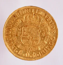 Moeda de ouro (8 ecu) de Espanha: reinado de Filipe (Filippo ou Philippe) V (1700-1746). 1739 Diam. 3,6 cm Nápoles, museo archeologico