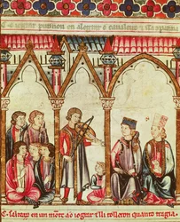 Grupo de Trovadores, ilustração de Cantigas de Santa Maria, feita sob a direção de Alfonso X (O Sábio) Rei de Castela e Leão (1221-84) (ver também 56625)
