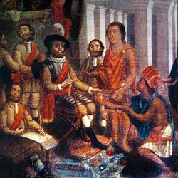 Hernando Cortes (1485-1547) recebendo a homenagem dos astecas (óleo sobre tela)