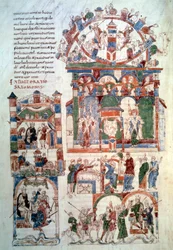 História de Salomão: Página "Rei Salomão recebendo o tributo" (fol. 129 v;) retirada de "A Bíblia de Roda" (homem. lat. 6) feita na Espanha no século XI. Paris, B.N.