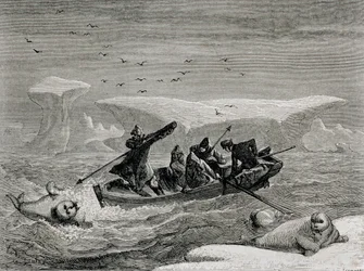 Morsa de caça com arpões nas ilhas Spitsbergen, arquipélago de Svalbard, ilustração de &39;The Return to the World&39;, 1865