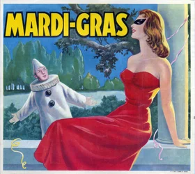 Ilustração de uma festa de carnaval (Mardi Gras) disfarçada com um Pierrot e uma mulher mascarada. Publicidade, Valência, século XX.