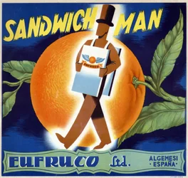 Ilustração de um "homem-sanduíche". Etiqueta para laranjas "Eufruco", Valência, século XX.