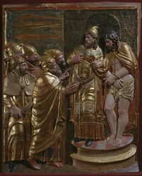 Jesus em frente de Caifás, detalhe de um retábulo renascentista (madeira pintada e dourada)