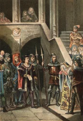 Leonor de Guzman, favorita do rei Afonso XI, parada e executada por Don Alfonso Fernandez de Olmedo, sob a ordem da rainha Maria de Portugal, no século XIV. em "El Culto de la Hermosura" de Juan Justo Huguet, Molinas Hermanos editores