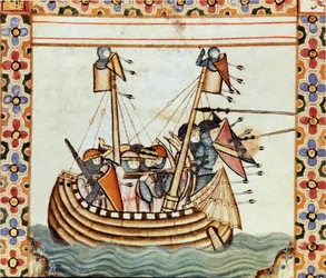 Les croises en route to besieging a Sarrazine fortress Detalhe de uma página tirada de um manuscrito do Cântico de Santa Maria, decora miniaturas dedicadas a Santa Maria e aos seus milagres, uma colecção de canções em vermelho sob o reg