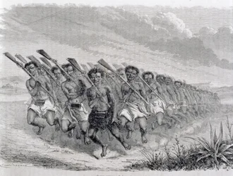Guerreiros maori realizando uma dança de guerra, ilustração de &39;o retorno ao mundo&39; (gravura)