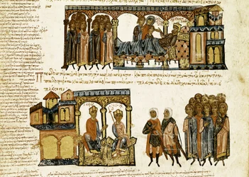 Miniatura de "Synopsis historiarum" ou "Byzantine Chronicles" (Histories of the Byzantine kings and events from 811 to 1057) de John (Johannes ou John) Scylitza (ou Skylitzes ou Scylitzae) (século XI-12)