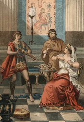 Monime, rainha do Pont pediu sob a ordem de seu marido Mithridate VI Eupator que ela fosse morta para não cair nas mãos dos romanos (72 AC). in "El Culto de la Hermosura" de Juan Justo Huguet, Molinas Hermanos editores
