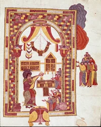 Arte Mozarábica: "o templo de Jerusalém, Arão é representado como sumo sacerdote diante de um altar." Miniatura de uma Bíblia moçárabe. Século 10. Leão. Biblioteca do Real Collegiale de Saint Isidore. Espanha