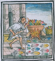 Ms Palat. 218-220 artesãos astecas tingindo penas, do &39;códice florentino&39; por Bernardino de Sahagun, c.1540-85