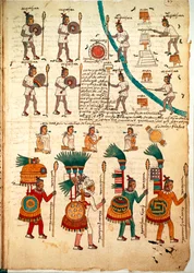 Página do Códice Mendoza mostrando guerreiros astecas armados com lanças e escudos, c. 1541-42
