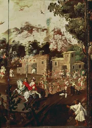 Painel de uma tela dobrável representando uma série de casas de pedra com índios a dançar em festa (óleo sobre painel)