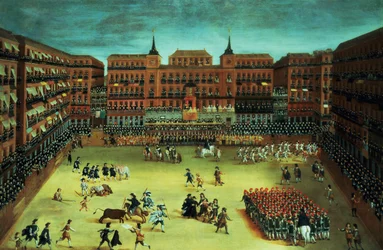 Panorama de uma festa na Plaza Mayor em Madrid