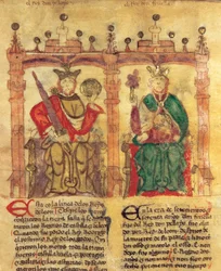 Pelagius (685-737), fundador do Reino das Astúrias e seu neto Fruela I (722-68) (pigmento em velino...