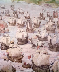 Regata de galeões espanhóis durante uma expedição aos Açores em 1582, sob o comando de Filipe II (1527-1598), Rei de Espanha. Afresco do século XVI. Salão de Batalhas, Palácio do Escorial, Madrid.
