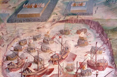 Regata de galeões espanhóis durante uma expedição aos Açores em 1582, sob o comando de Filipe II (1527-1598), Rei de Espanha. Afresco do século XVI. Salão de Batalhas, Palácio do Escorial, Madrid.