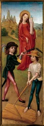 Saint Barbe e dois camponeses cortando o joio Pintura em madeira da Escola Espanhola. Século XV. Paris, artes decorativas