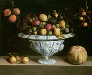 Ainda vida de fruta em uma tigela azul e branca, c.1630