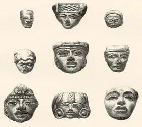 Cabeças de pedra e máscaras encontradas em Teotihuacan, México por Desiré Charnay durante sua expedição em 18801883
