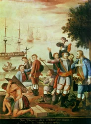 A Conquista do México: Diego Velasquez de Cuellar (1465-1524) Escolhe Hernando Cortes (1485-1547) como General da Armada e dá-lhe o Comando (óleo sobre tela)