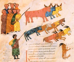 O povo hebreu sai do Egito com seus rebanhos, da Bíblia visigodo-moçárabe de Santo Isidor, fol.38v., AD 960 (têmpera sobre velino)
