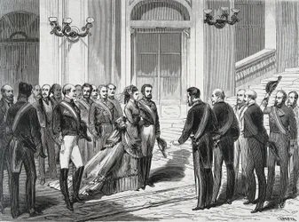 O Rei de Espanha Amedee I (Amedeo Ferdinando Maria di Savoia) (1845-1890) e sua esposa Rainha Maria Victory dal Pozzo della Cisterna (1847-1876) na sua chegada ao Palácio Real de Madrid em 19/03/1871. Gravura de "La Ilustracion Española y América