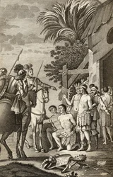 A conquista espanhola do Chile por Alonso de Ercilla, de &39;La Araucana&39;, publicou Barcelona, 1827 (gravura)