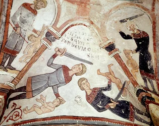 O ciclo dos meses: o massacre dos inocentes. Pormenor de um fresco do século XII do Panteão Real da Real Colegiata de San Isidoro (Real Colegiada de Santo Isidoro). Leão. Espanha