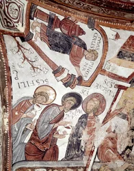 O ciclo dos meses: um servo oferece uma bebida aos apóstolos (Santo André, São Bartolomeu e São Filipe). Detalhe de um afresco do século XII do Panteão Real da Real Colegiata de San Isidoro (Real Collegiale de Saint Isidore). Leão. Spai