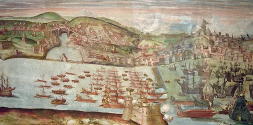 A entrada da frota em Lisboa, cena da campanha marítima contra Portugal conduzida por Álvaro de Bazan, durante o reinado de Filipe II de Espanha (fresco)