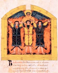 Os três hebreus, Shadrach, Meshach e Abed-nego lançados na fornalha por Nabucodonosor, fol.318v, da Bíblia Visigótica-Mozarábica de São Isidoro, 960 d.C. (tempera on vellum)