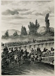 As tropas do exército francês napoleônico atravessam o rio Bidasoa