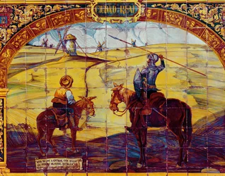 Telhas representando Don Quixote e Sancho Pança, preparando-se para atacar os moinhos de vento (cerâmica)
