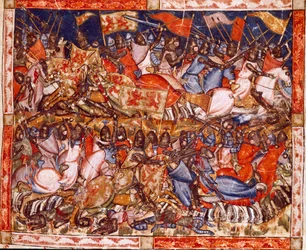 Guerra de Tróia: as façanhas de Hector. Detalhe de uma miniatura do manuscrito espanhol "Codex Benito de Santa Mora".