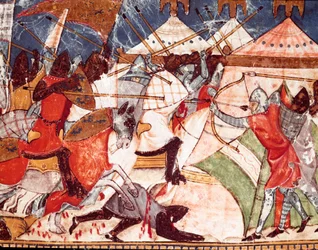 Guerra de Tróia: os troianos invadem o campo militar dos guerreiros gregos. Detalhe de uma miniatura do manuscrito espanhol "Codex Benito de Santa Mora".