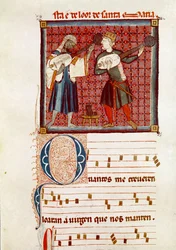 Dois músicos, um mouro e o outro cristão espanhol. Pormenor de uma página de um manuscrito das Cantigas de Santa Maria