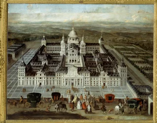 Vista do Palácio do Escorial em Espanha, construído por Filipe II no século XVI. Pintura espanhola anónima do século XVII. Óleo sobre tela. Dim: 1,89 x 2,41m.