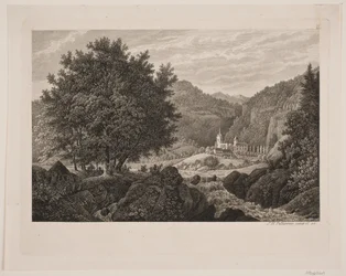 Paisagem montanhosa com uma igreja